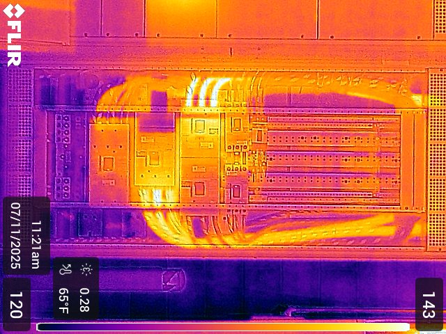 Thermal image identified a warm 120 degrees Fahrenheit unbalanced electrical load inside the panel. While the issue was not visible during a standard inspection, the infrared scan revealed the imbalance and allowed the load to be safely rerouted to another panel, improving system performance and preventing future failures.